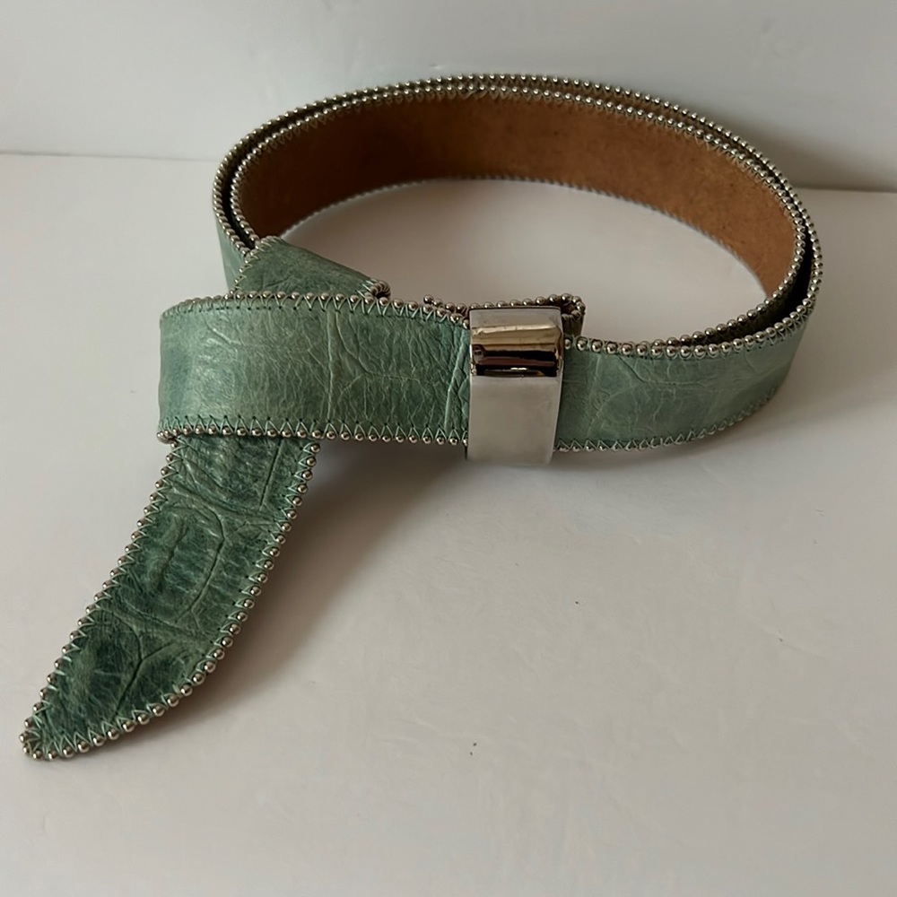 Green Reptile Genuine Leather & Silver Beaded Adjustable Belt